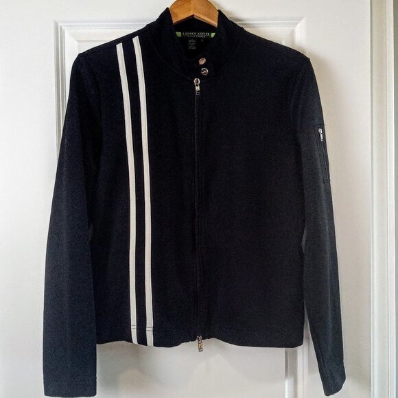 Lauren Active RL B&W Stripe Zipper Workout Jacket - Picture 1 of 6